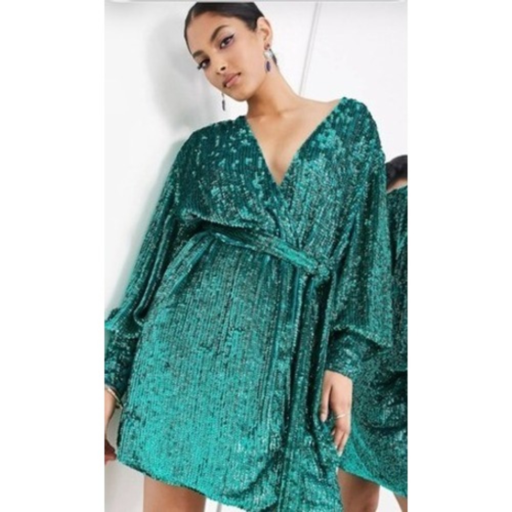 ASOS EDITION Emerald Green Sequin Wrap Mini Dress Tie Waist Size US 14 NEW